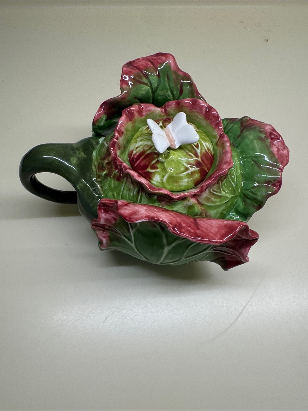 Hand-Painted Ceramic Cabbage Teapot with Butterfly Accent - Green & Pink